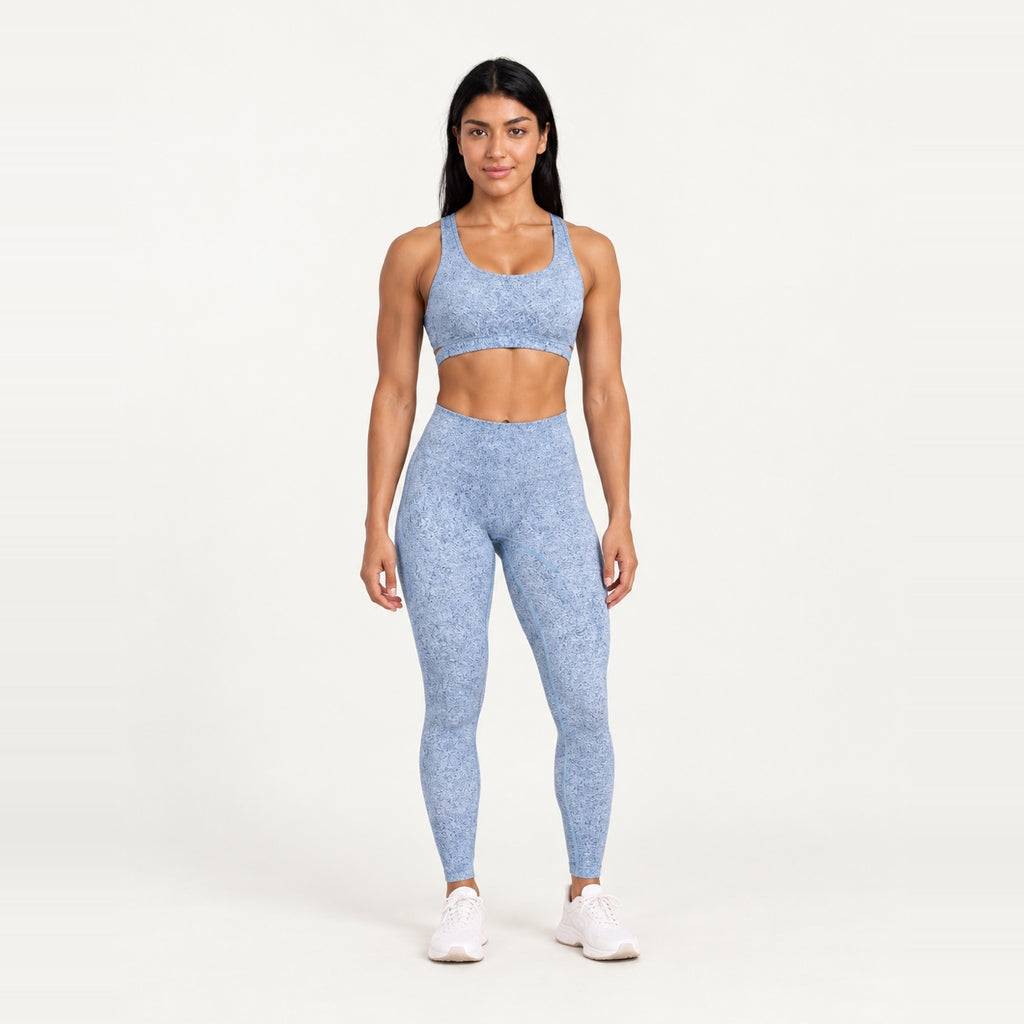 Keyhole-Back Sports Bra and Textured Leggings Set - Dusty Blue