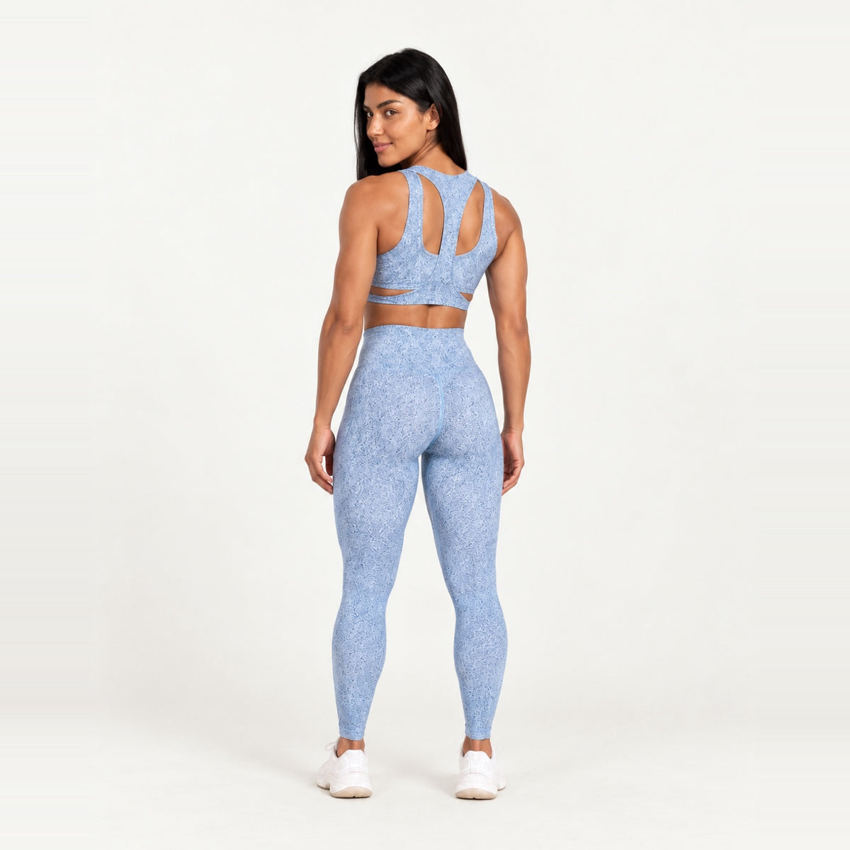 Keyhole-Back Sports Bra and Textured Leggings Set - back view