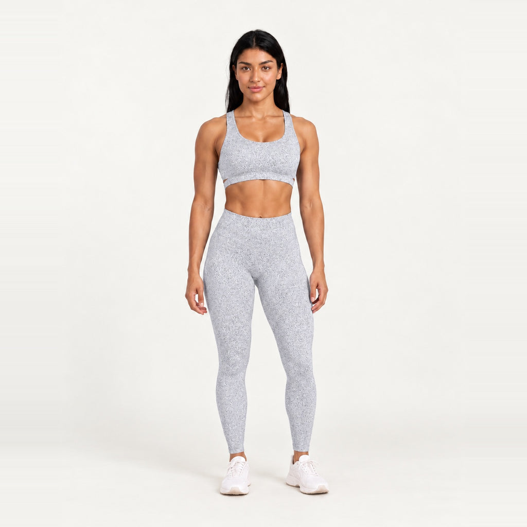 Keyhole-Back Sports Bra and Textured Leggings Set - Light Gray
