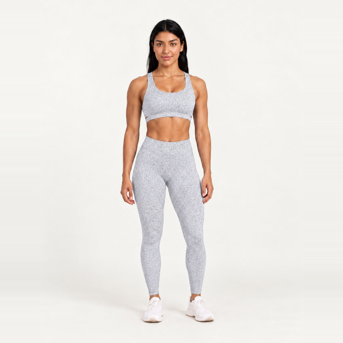 Keyhole-Back Sports Bra and Textured Leggings Set - Light Gray