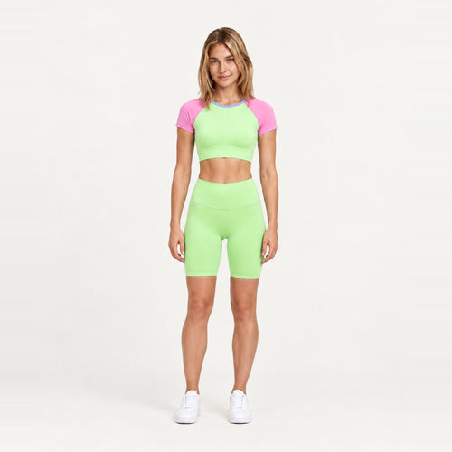 Contrast-Sleeve Crop Top and Biker Shorts Set - Lime