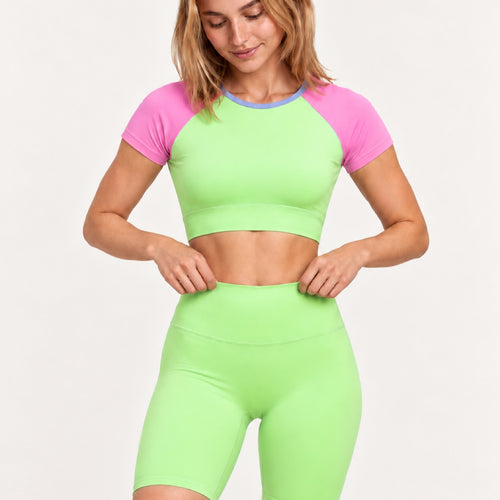 Contrast-Sleeve Crop Top and Biker Shorts Set - detail