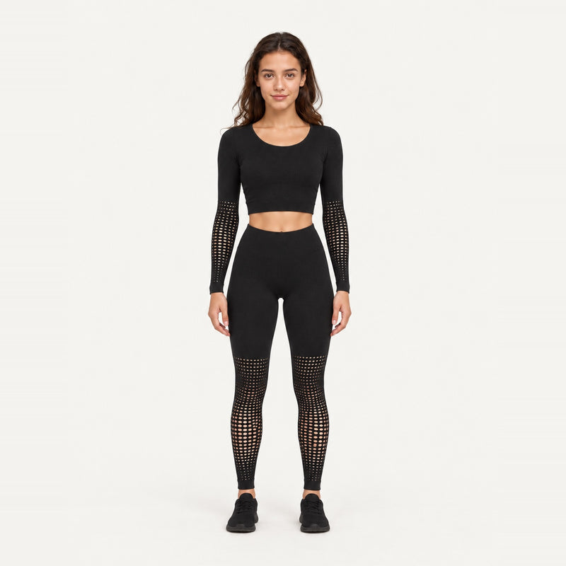 Textured Long Sleeve Crop Top and Leggings Set - Black