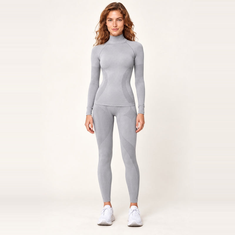 High-Neck Long Sleeve Top and Paneled Leggings Set - Light Gray