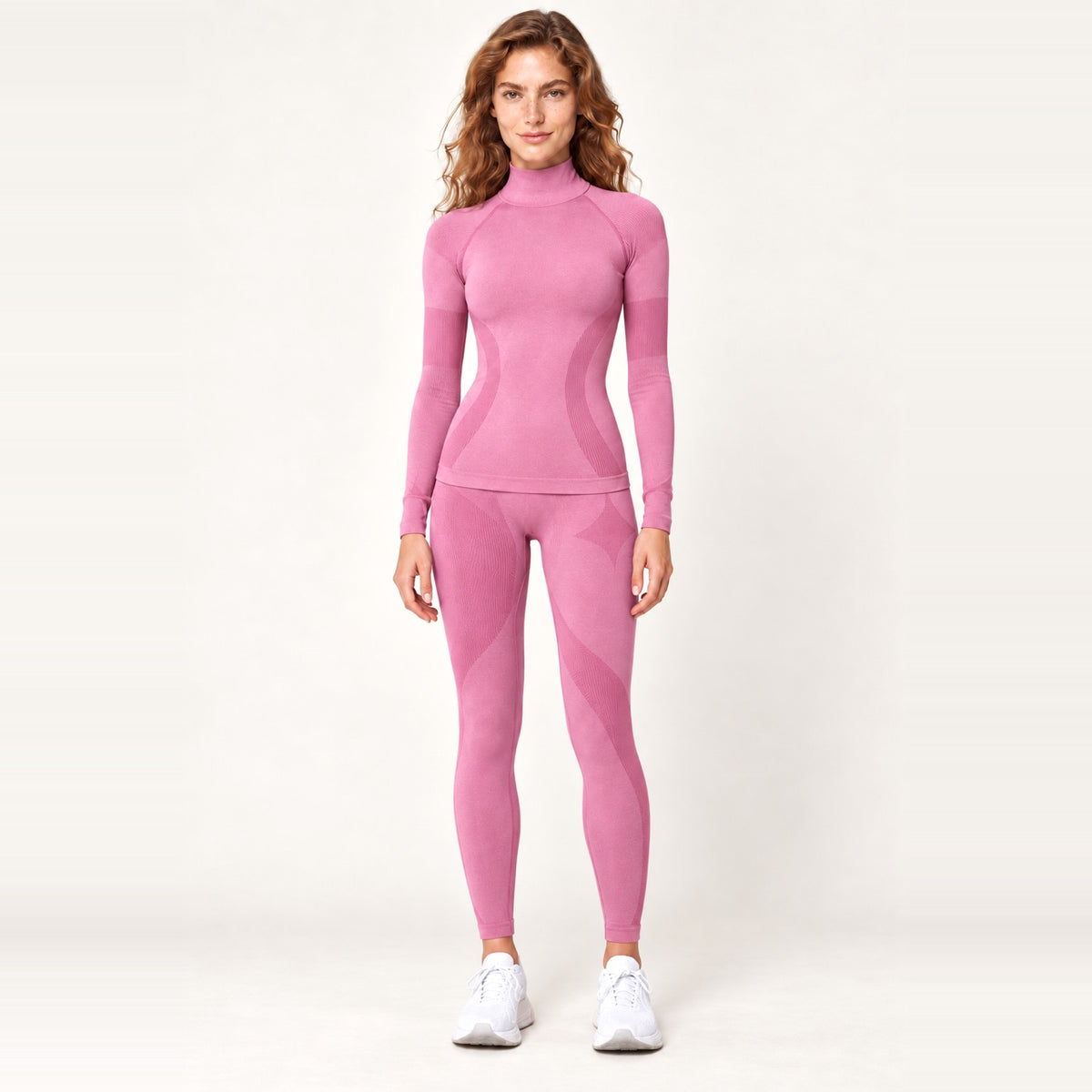 High-Neck Long Sleeve Top and Paneled Leggings Set - Pink