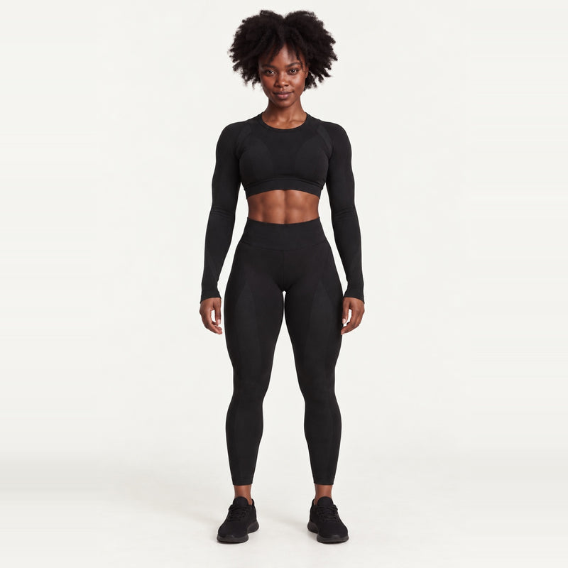Open-Back Long Sleeve Crop Top and Leggings Set - Black