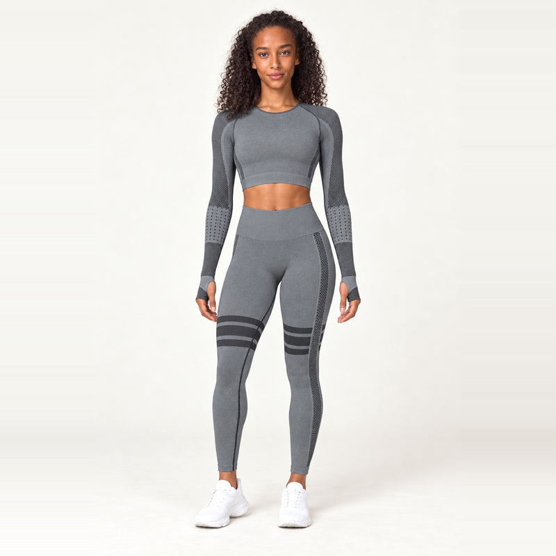 Long Sleeve Paneled Crop Top and Leggings Set - Charcoal