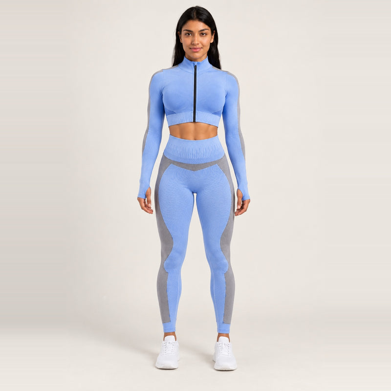Workout Set with Zip-Up Crop Jacket and Paneled Leggings - Blue