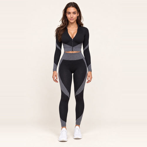 Contrast-Panel Zip-Neck Top and Leggings Set - Gray