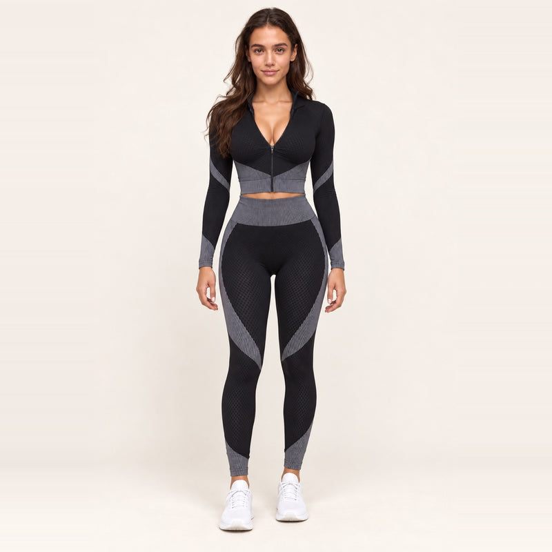Contrast-Panel Zip-Neck Top and Leggings Set - Gray