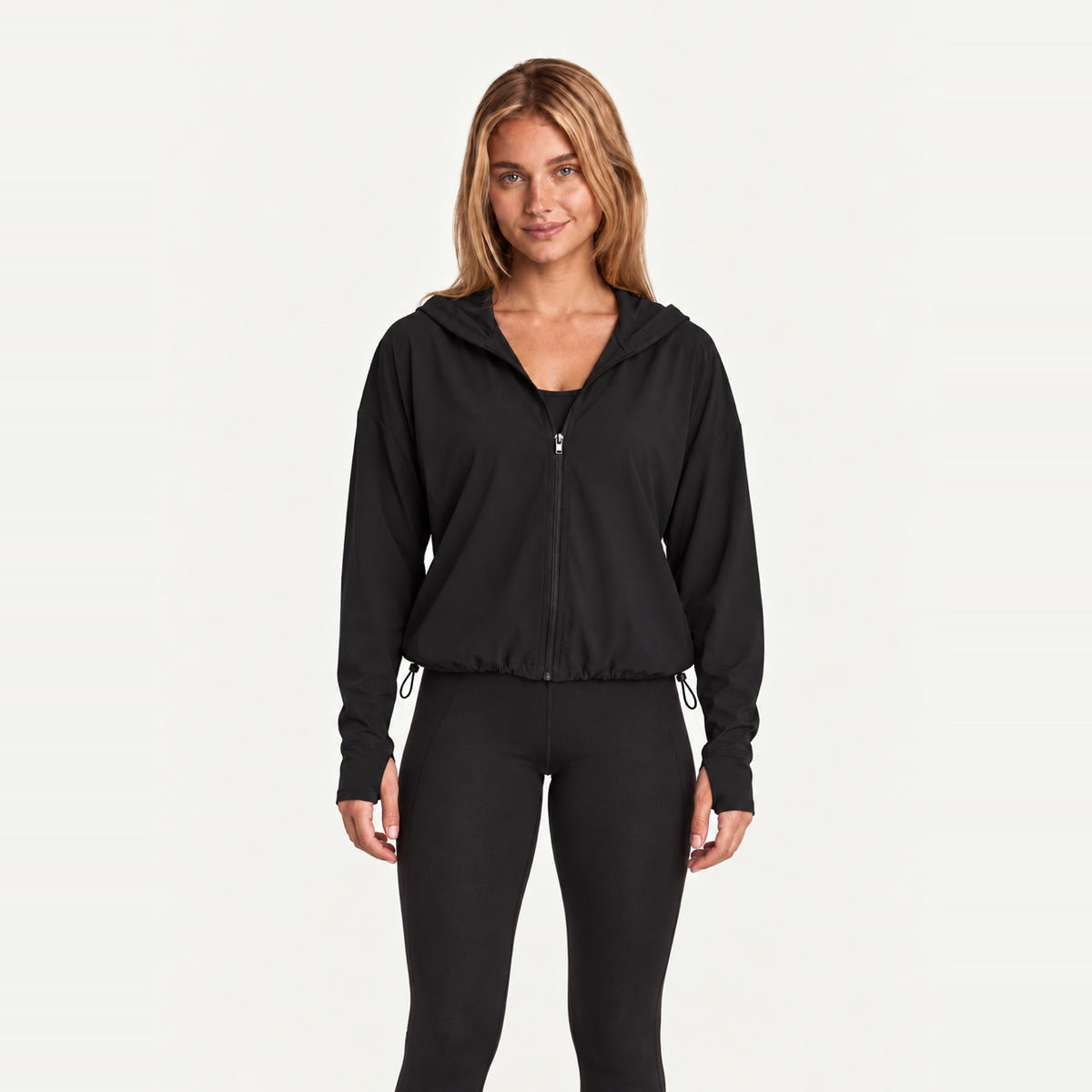 Hooded Zip-Up Workout Jacket with Drawstring Hem - Black