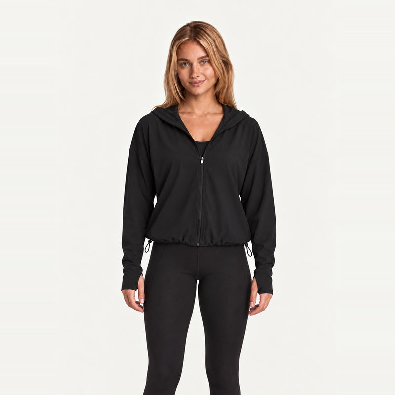 Hooded Zip-Up Workout Jacket with Drawstring Hem - Black