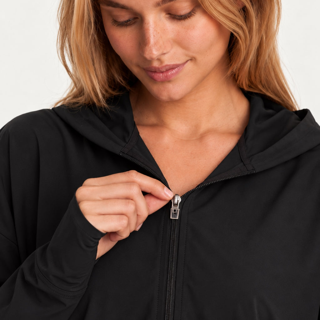 Hooded Zip-Up Workout Jacket with Drawstring Hem - detail