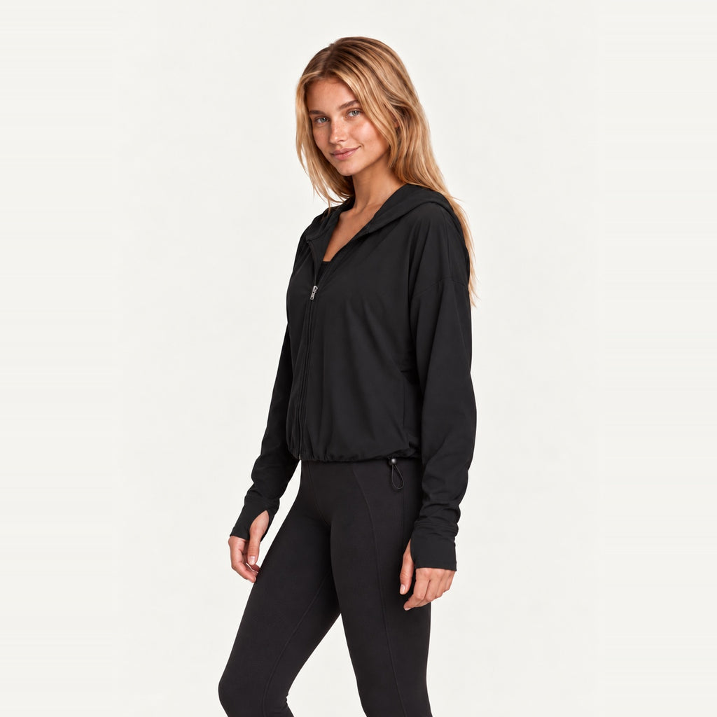 Hooded Zip-Up Workout Jacket with Drawstring Hem - side view