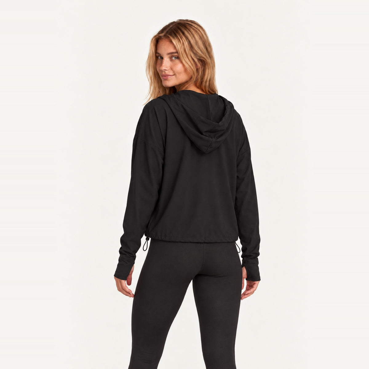 Hooded Zip-Up Workout Jacket with Drawstring Hem - back view