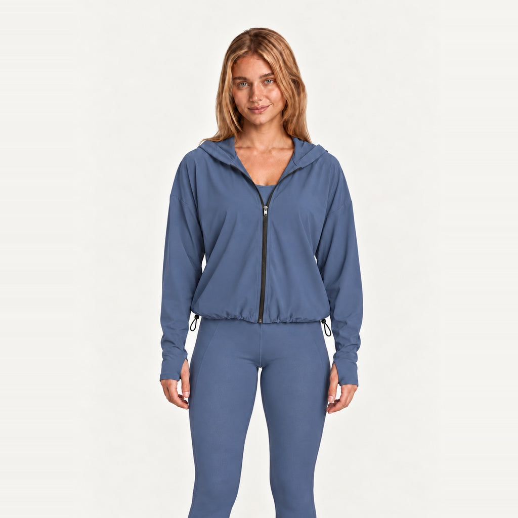 Hooded Zip-Up Workout Jacket with Drawstring Hem - Blue