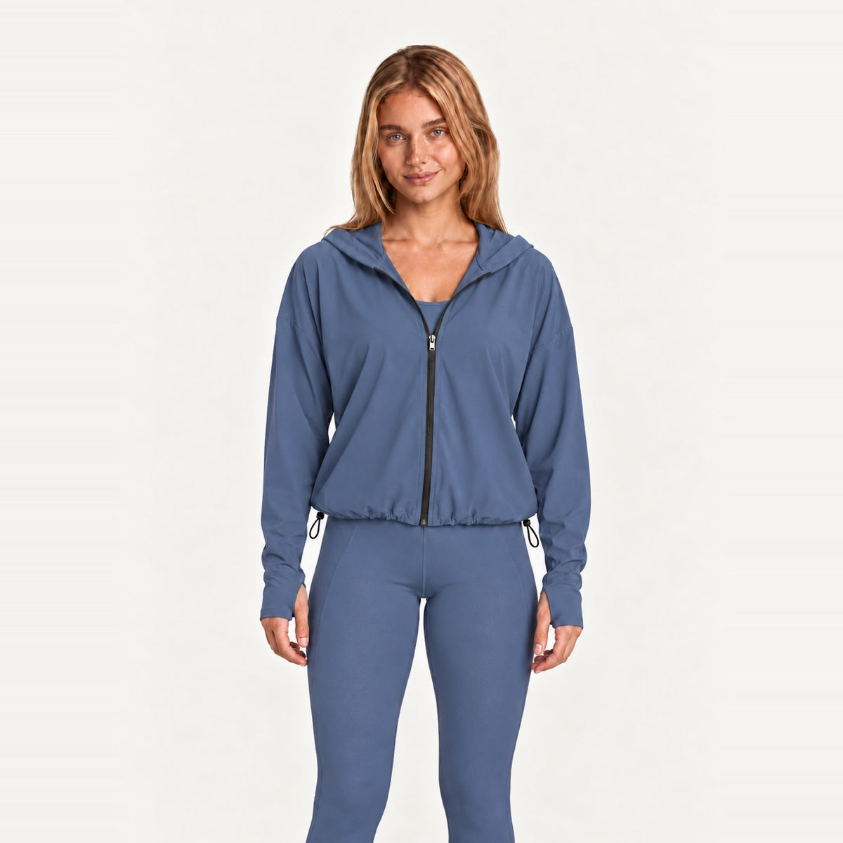 Hooded Zip-Up Workout Jacket with Drawstring Hem - Blue
