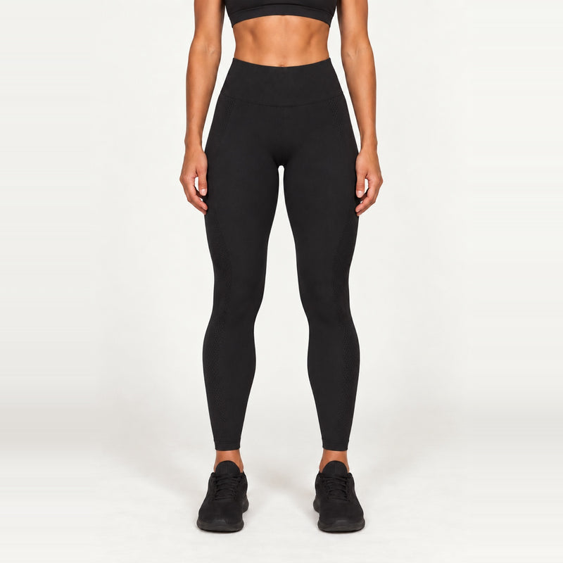 High-Waisted Nylon Leggings with Knit Panels - Black