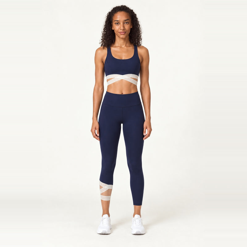 Sports Bra and Cropped Leggings Set with Mesh Panels - Navy