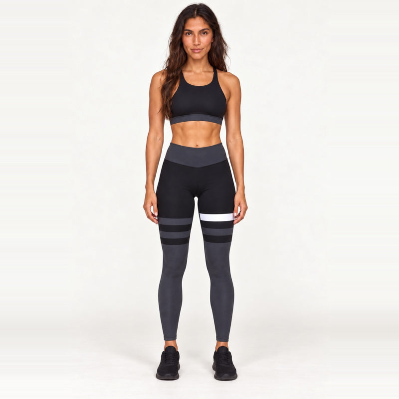 Sports Bra and Leggings Set with Contrast Stripes - Black
