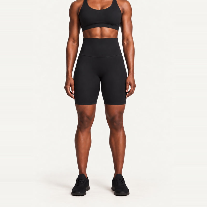 High-Waisted Biker Shorts with Curved Seams - Black