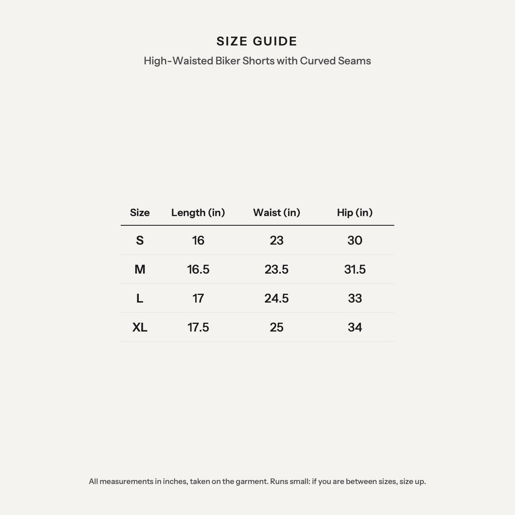 High-Waisted Biker Shorts with Curved Seams - size guide