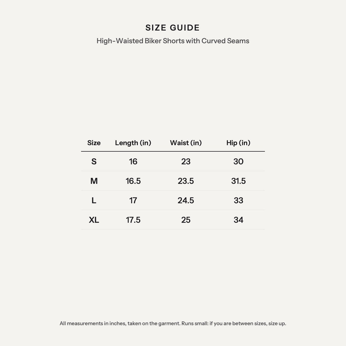 High-Waisted Biker Shorts with Curved Seams - size guide