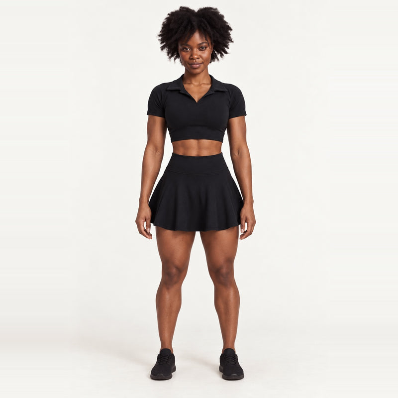 Collared Crop Top and Flared Skirt Set - Black