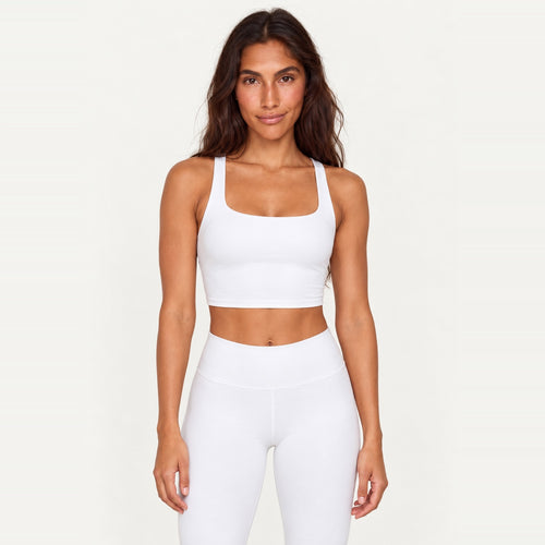 Cross-Back Crop Tank with Wide Straps - White