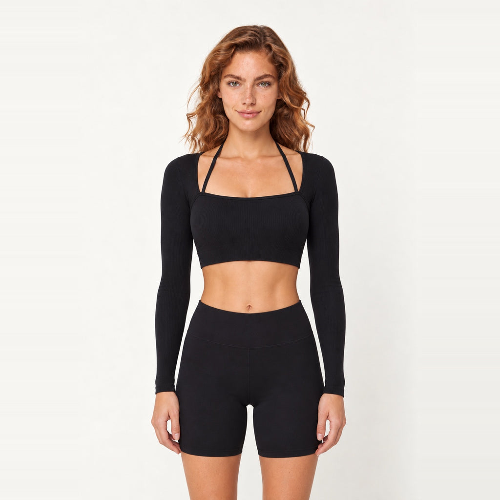 Long Sleeve Crop Top with Square Neckline - Black