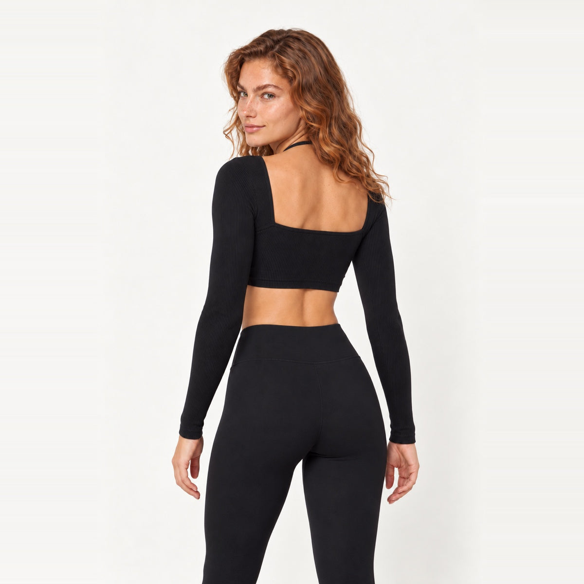Long Sleeve Crop Top with Square Neckline - back view
