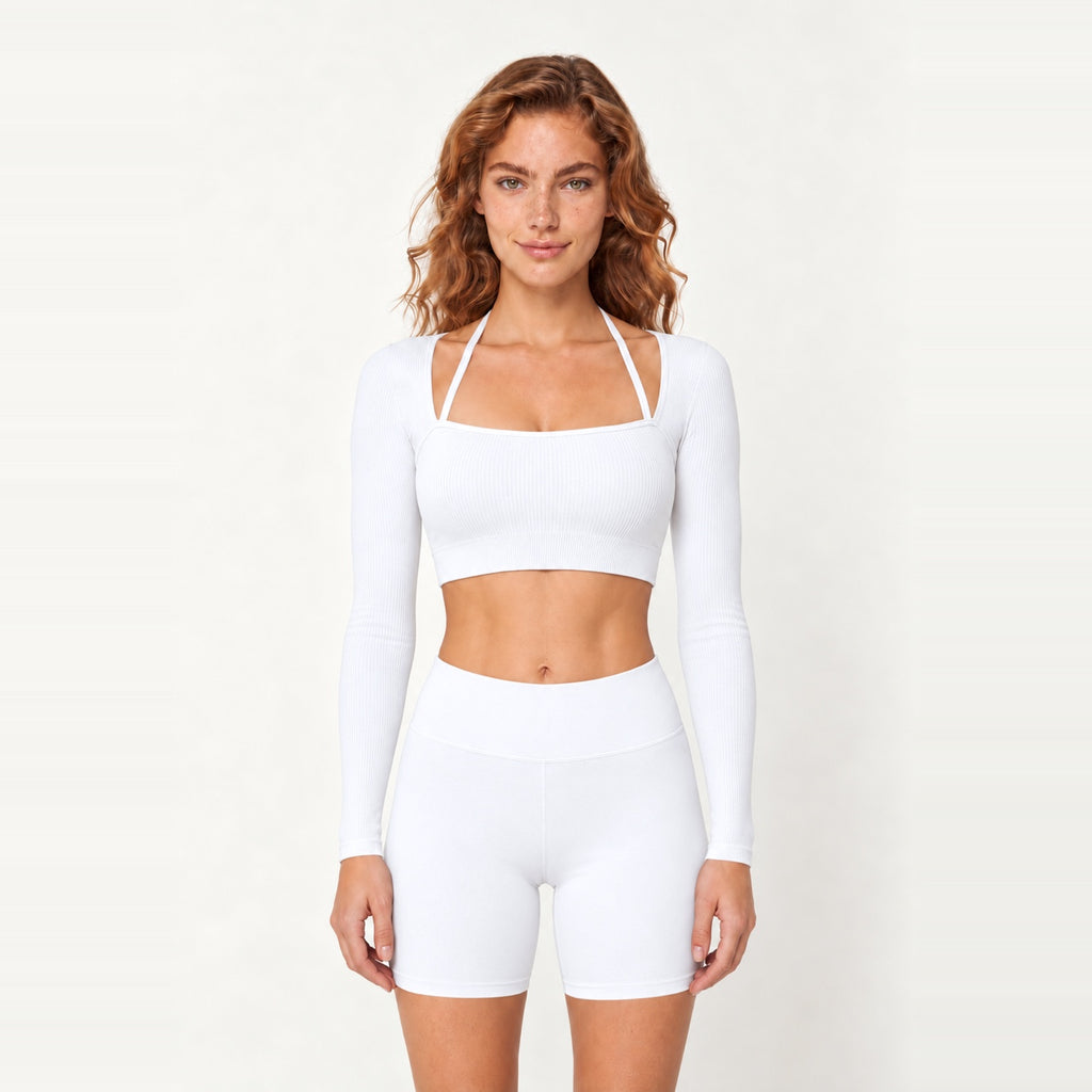 Long Sleeve Crop Top with Square Neckline - White