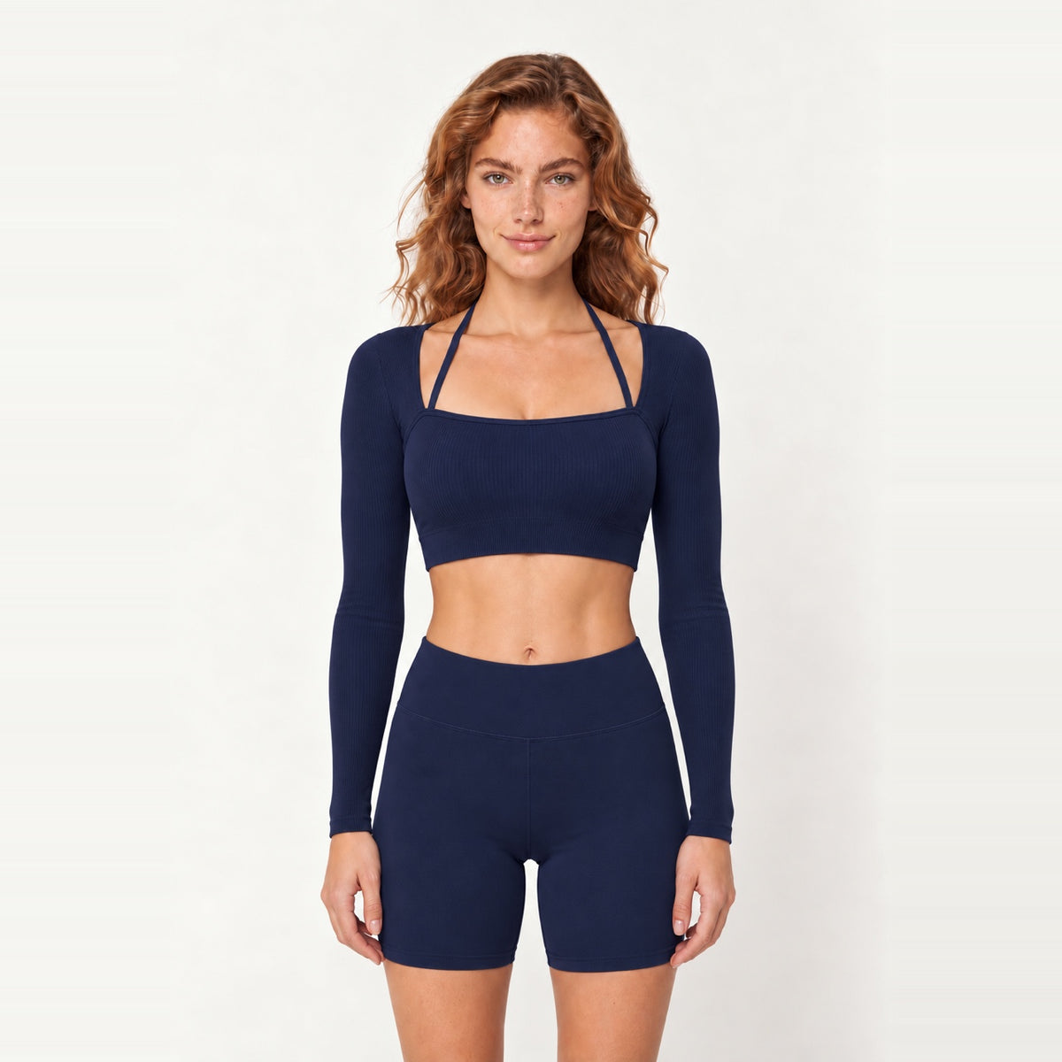 Long Sleeve Crop Top with Square Neckline - Navy