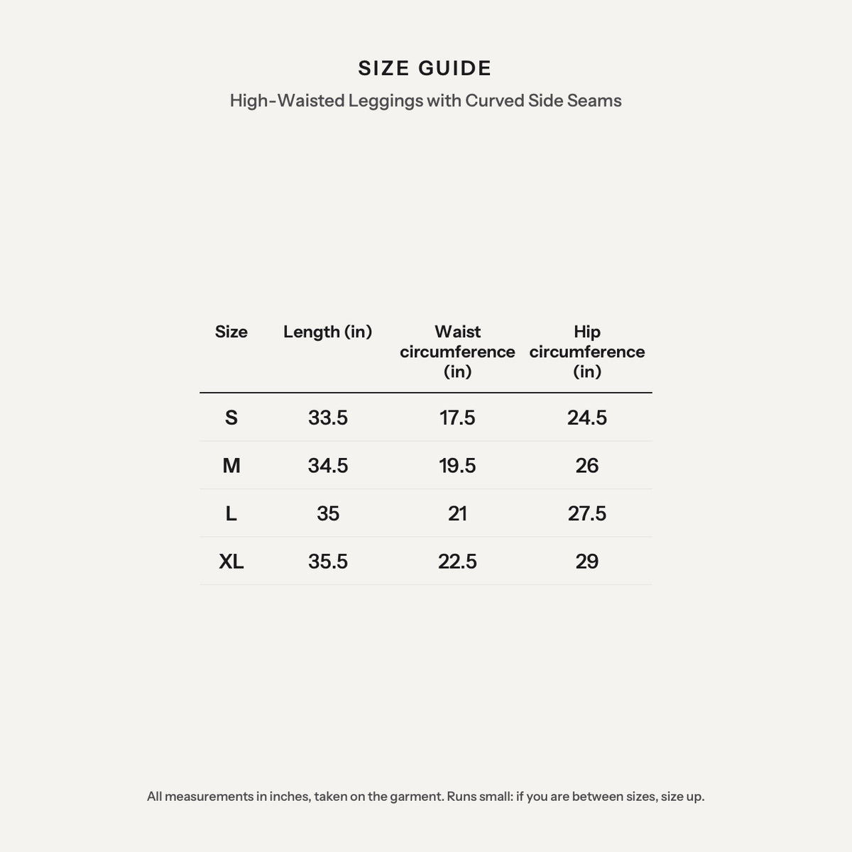High-Waisted Leggings with Curved Side Seams - size guide