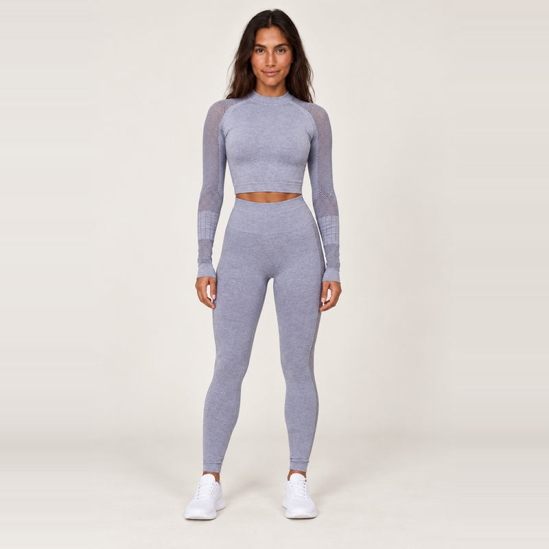 Long Sleeve Crop Top and Mesh Panel Leggings Set - Gray