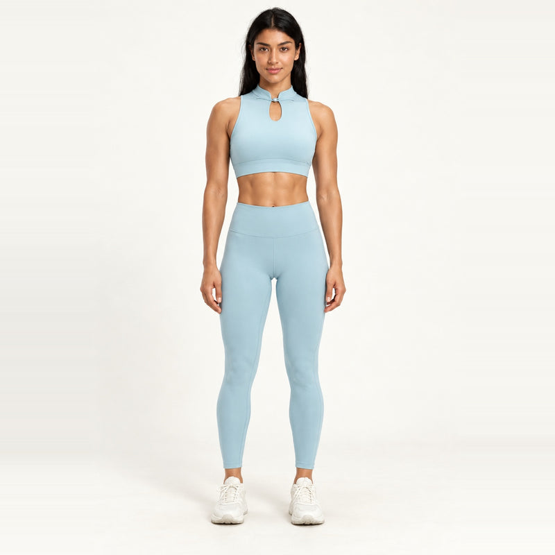 Keyhole Mock Neck Crop Top and Leggings Set - Light Blue