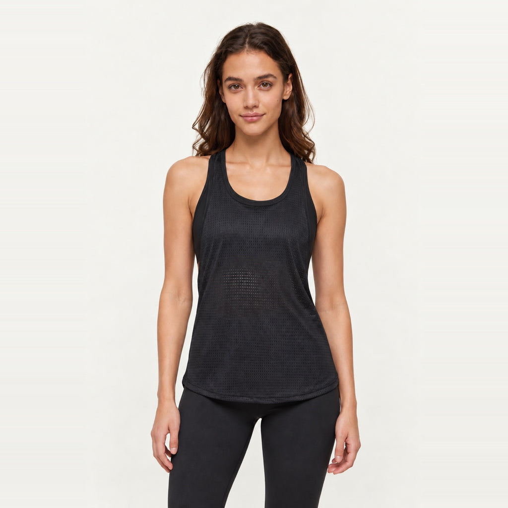 Layered Workout Tank with Split Back - Black
