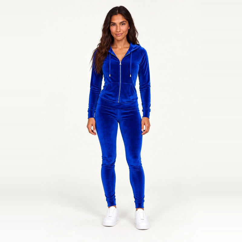 Hooded Zip-Up Velour-Look Tracksuit - Royal Blue