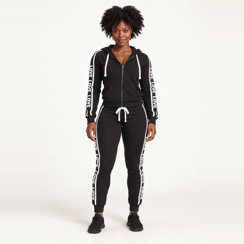 Letter-Print Zip Hoodie and Joggers Set - Black