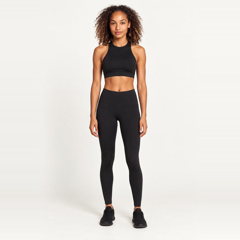 High-Neck Cutout Crop Tank and Leggings Set - Black