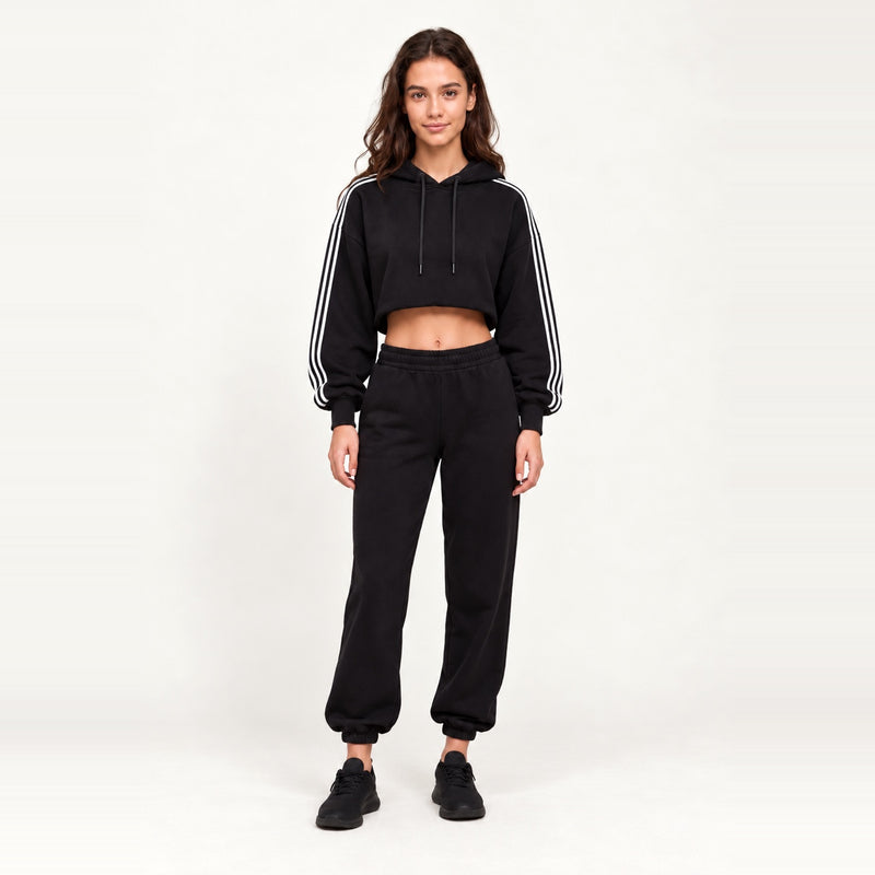 Striped-Sleeve Zip Hoodie and Joggers Set - Black