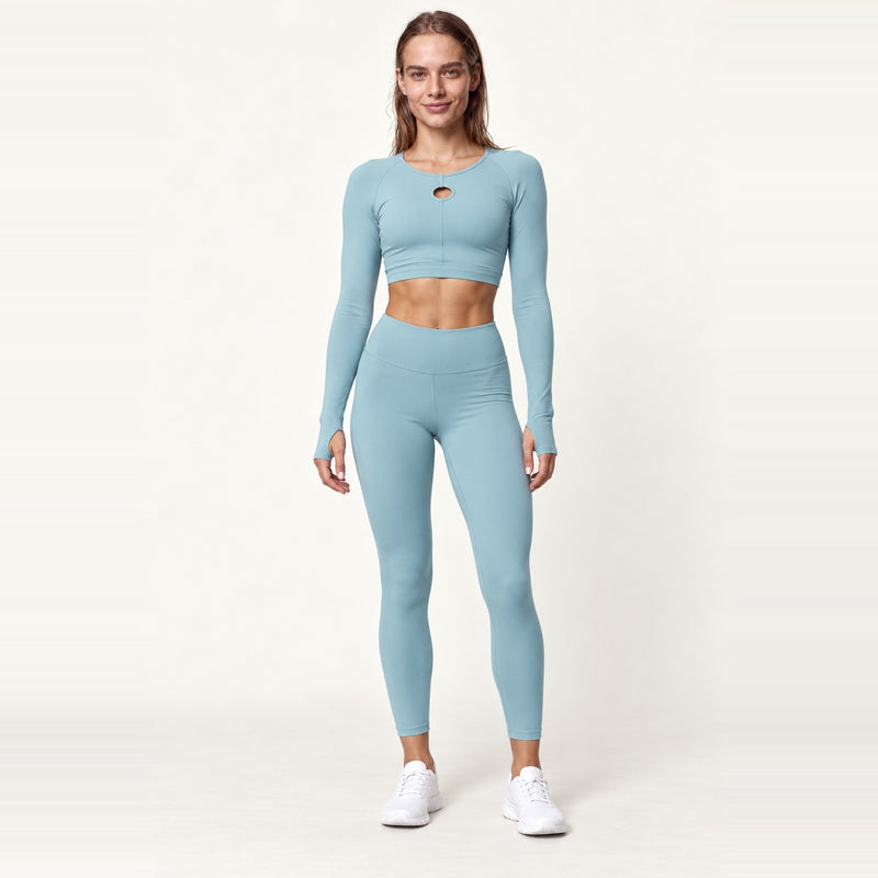 Keyhole Long Sleeve Crop Top and Leggings Set - Dusty Teal