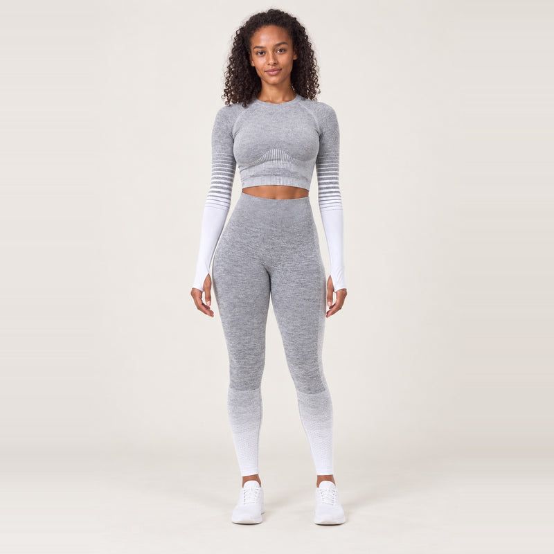 Striped-Panel Crop Top and Two-Tone Leggings Set - White Gray