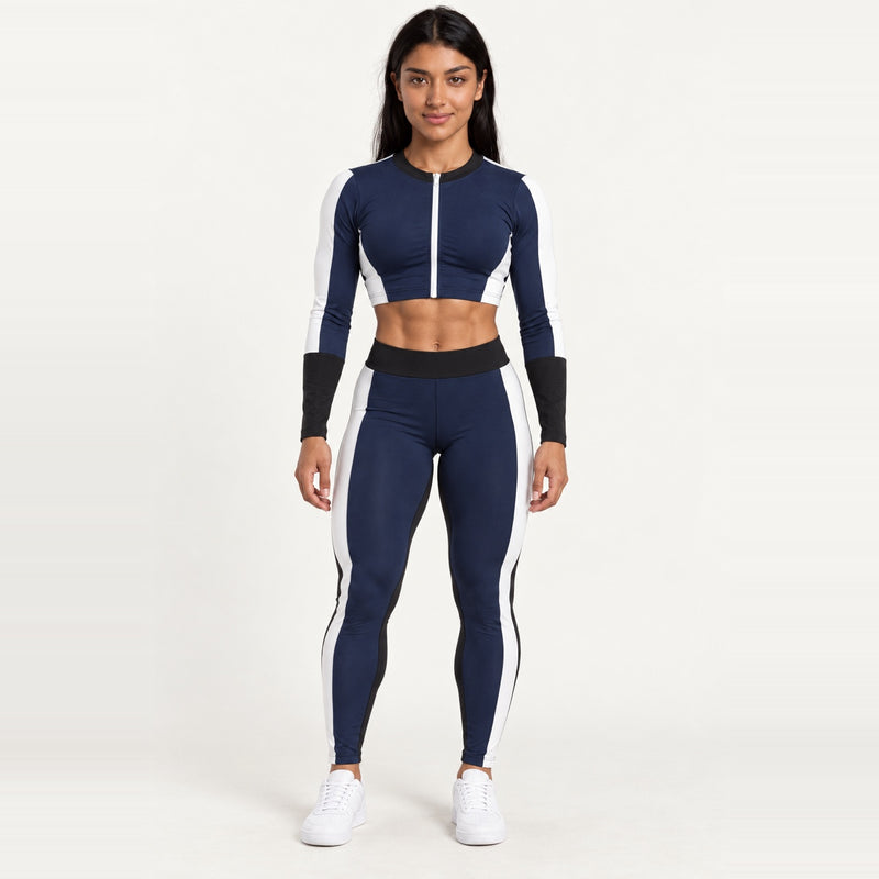 Contrast-Side Zip Crop Top and Leggings Set - Navy White