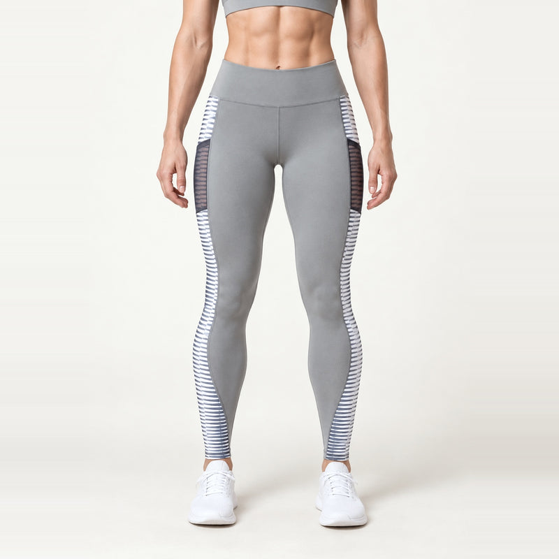 Pocket Leggings with Striped Mesh Side Panels - Light Gray