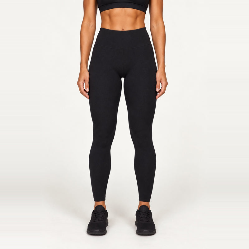 High-Waisted Workout Leggings with Ribbed Knit Panels - Black