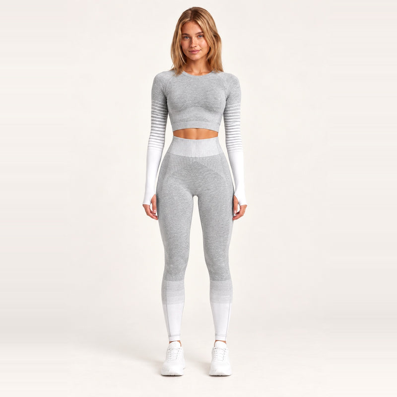 Striped Sleeve Crop Top and Two-Tone Leggings Set - White Gray