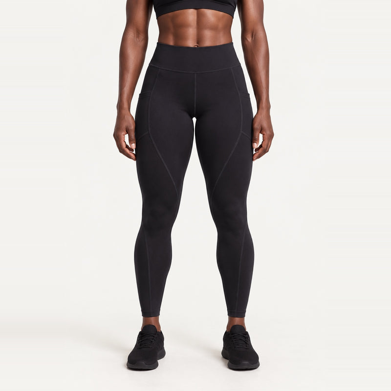 High-Waisted Pocket Leggings with Curved Seams - Black