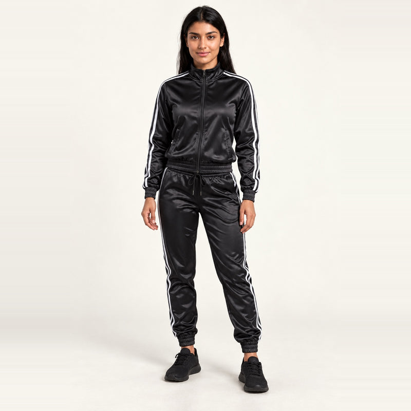 Zip Jacket and Joggers Set with Side Stripes - Black