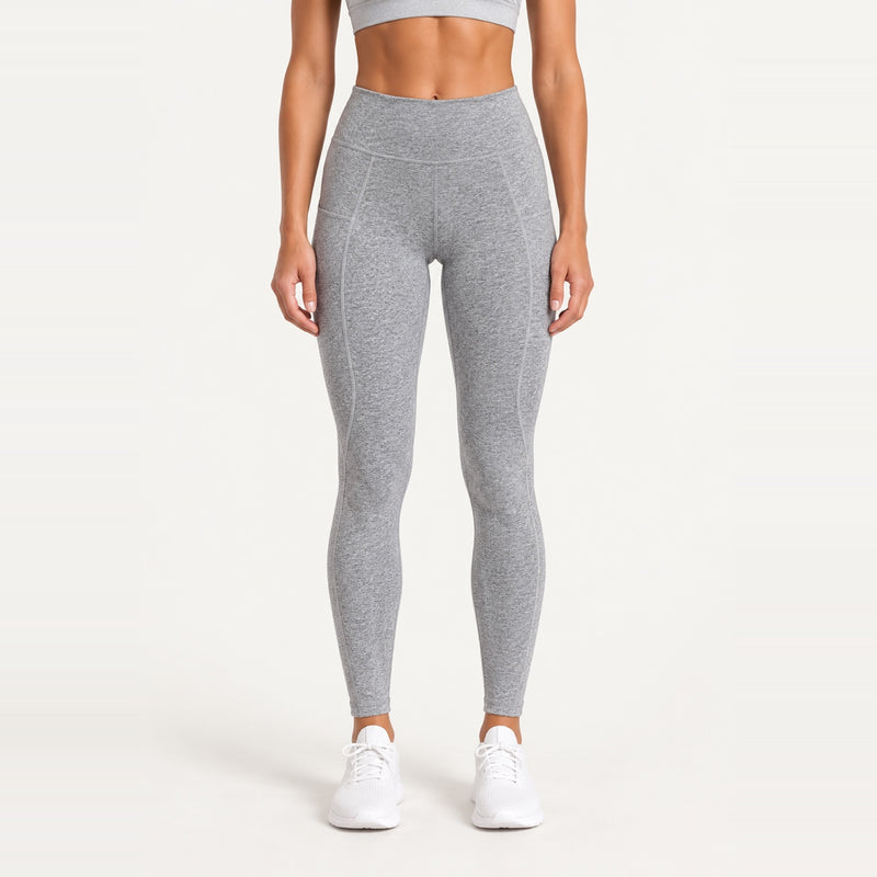 Heathered High-Waisted Leggings with Side Pockets - Light Gray
